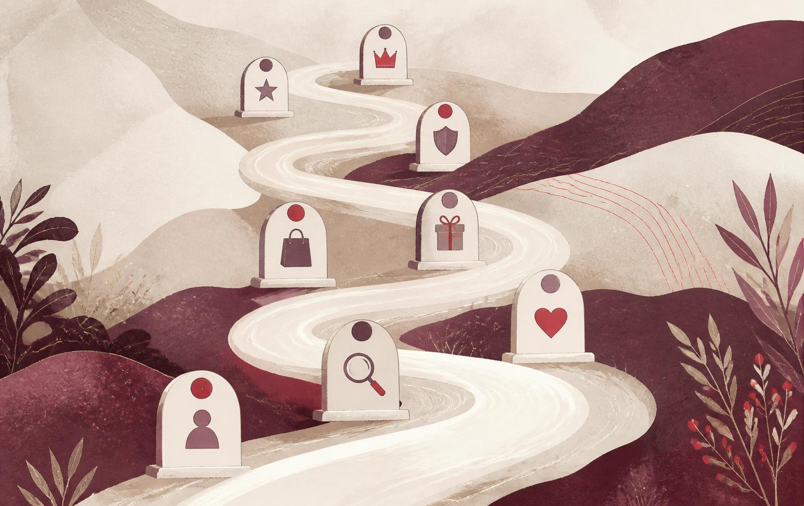 Illustrated winding customer journey road with eight milestone markers